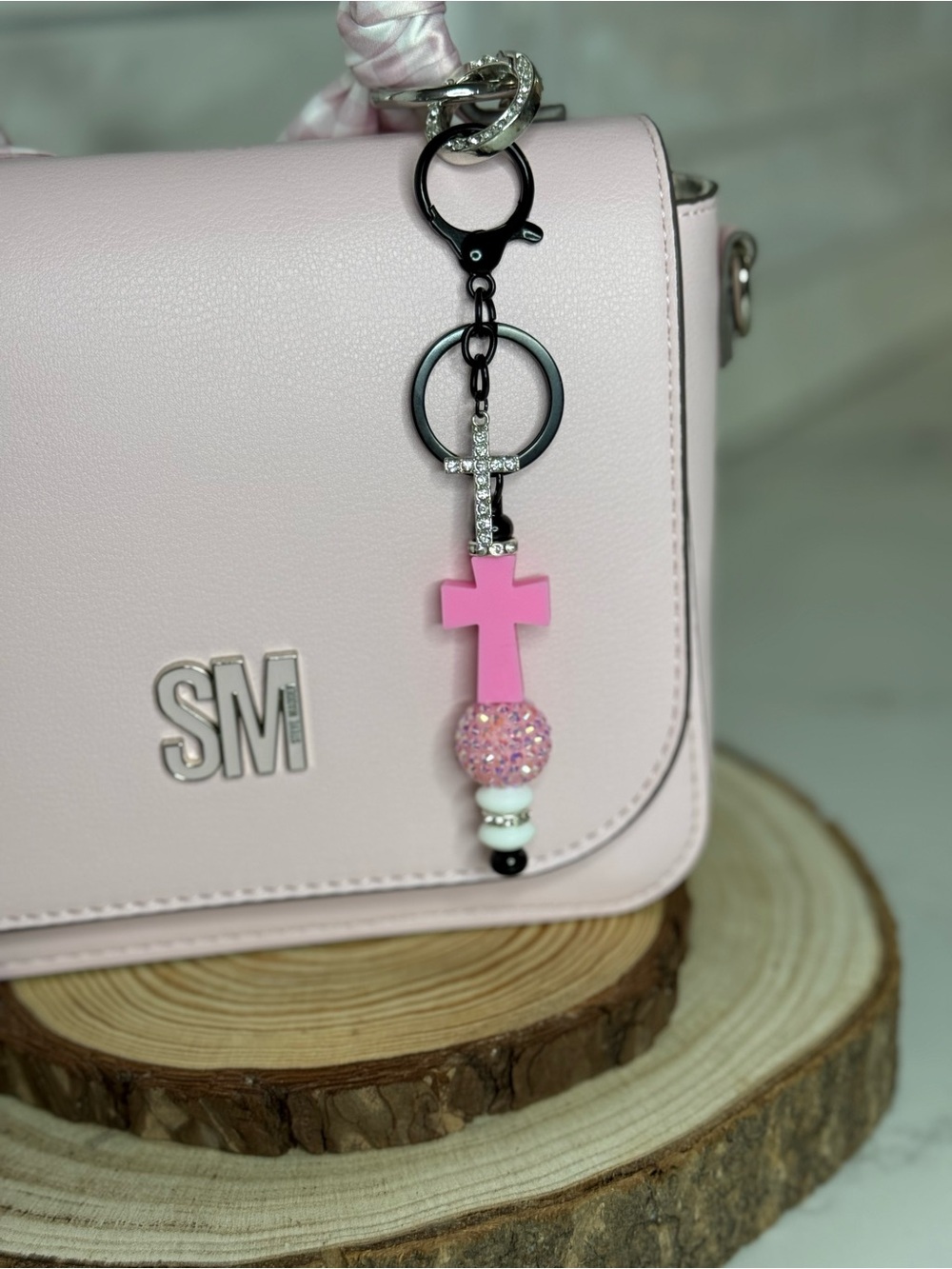 Pink Cross Beaded Keychain with Rhinestone Cross Charm - Picture 4 of 6
